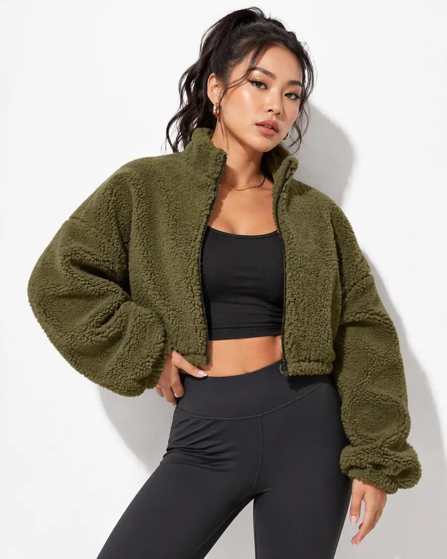 Aspen Cropped Teddy Zip Jacket — Olive