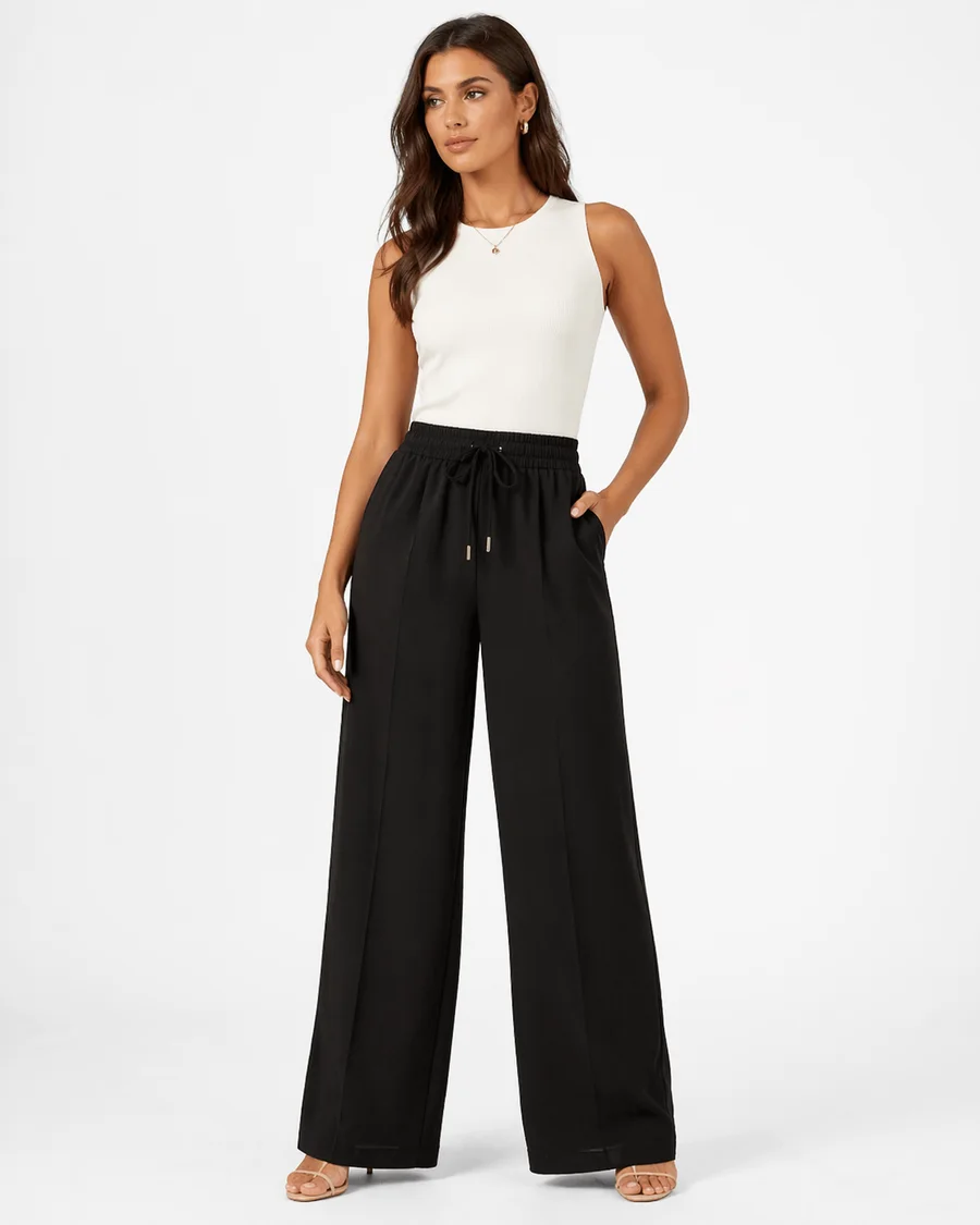 Relaxed Drawstring Wide Leg Trousers — Black