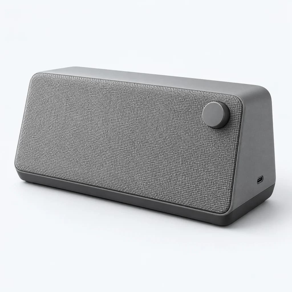 Desk Speaker in stone, fictional demonstration product