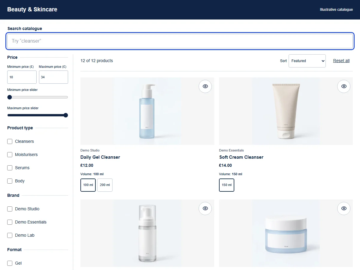 Beauty example: a search with no matches, followed by a reset.