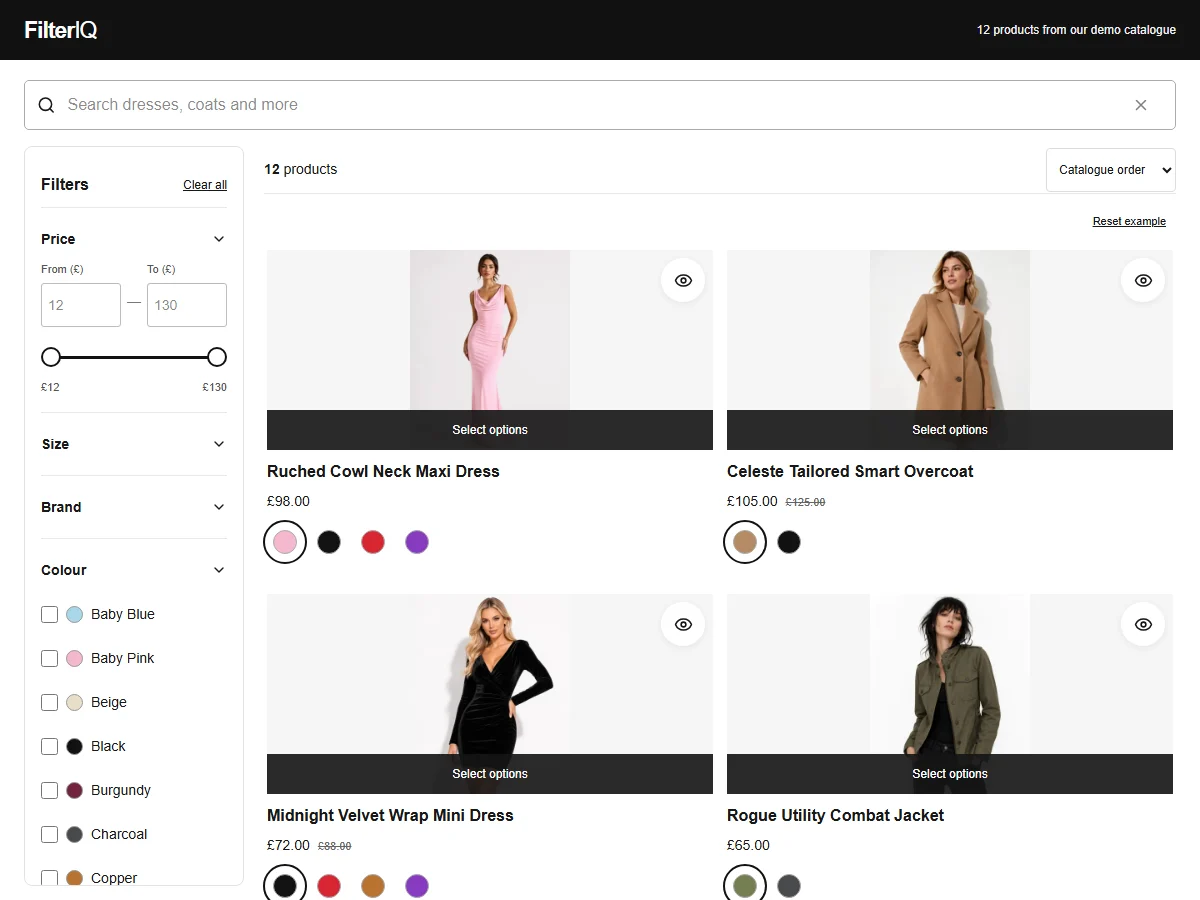 A recording of the fashion catalogue preview: price, colour and product options.