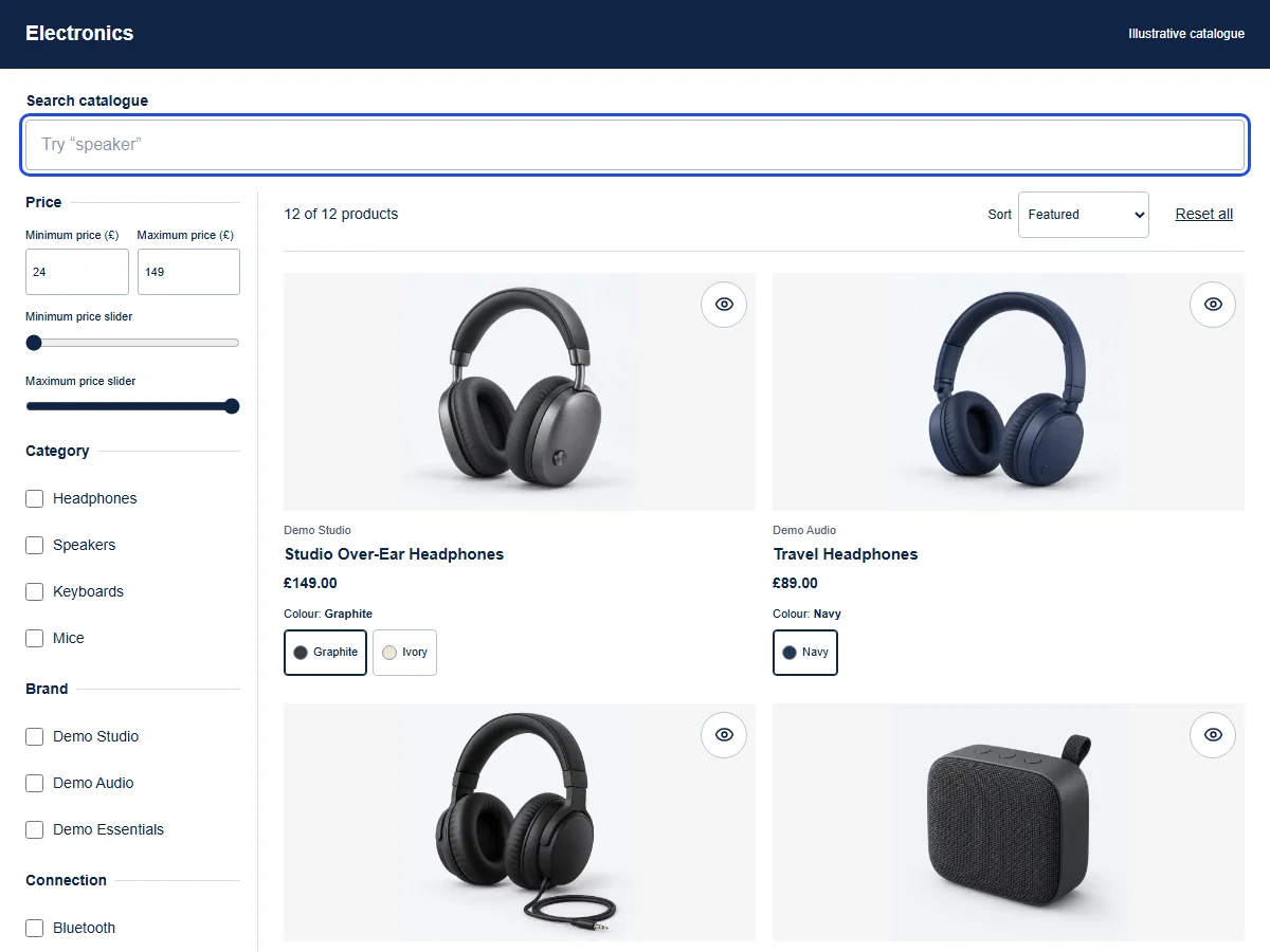 Electronics example: colour swatches, a category checkbox and a price range.