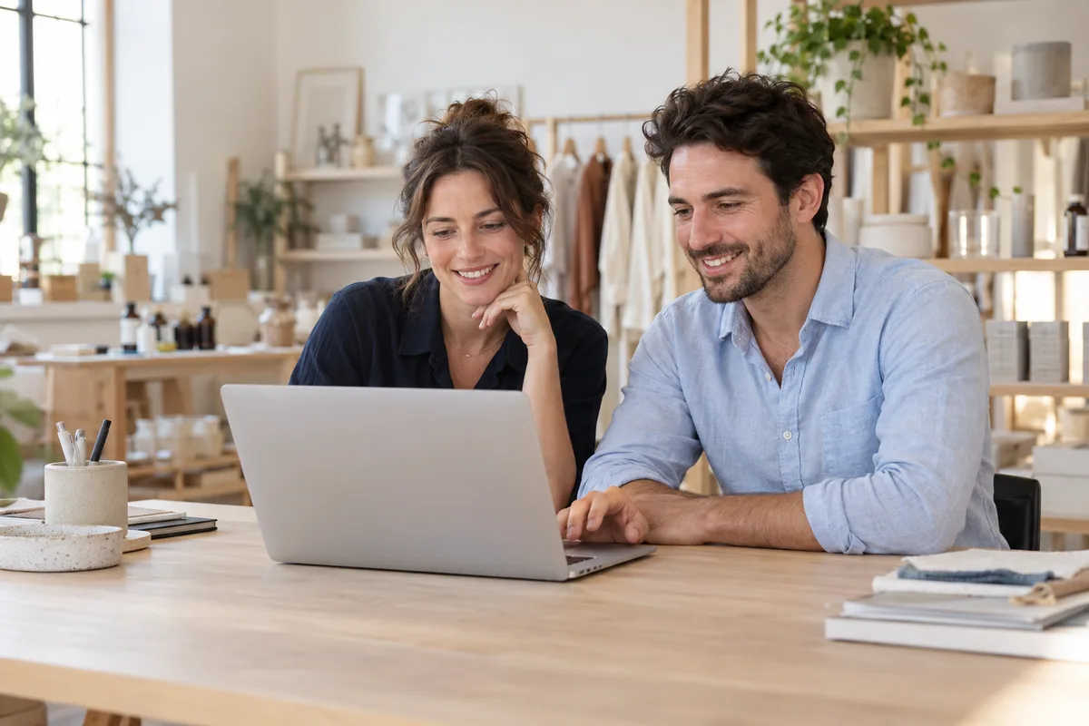 Illustrative scene of two smiling retail colleagues reviewing a laptop together