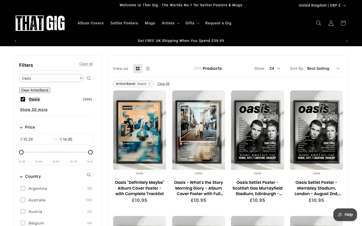 ThatGig collection with Oasis selected in Artist/Band, a 306-product count and Oasis poster results.